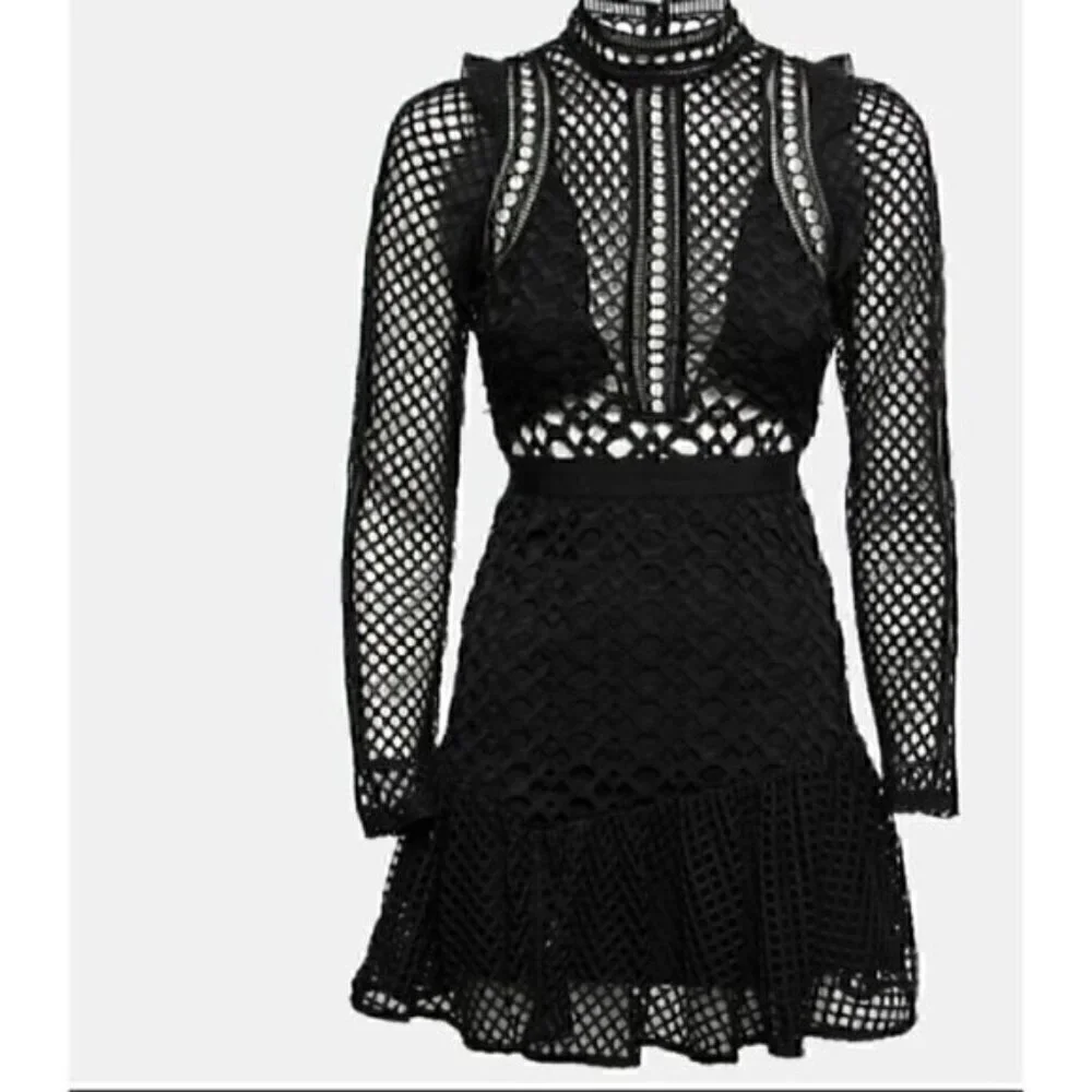 L'atiste Black Lace Lantern Crochet  Long Sleeve Mini Dress S - Picture 2 of 8